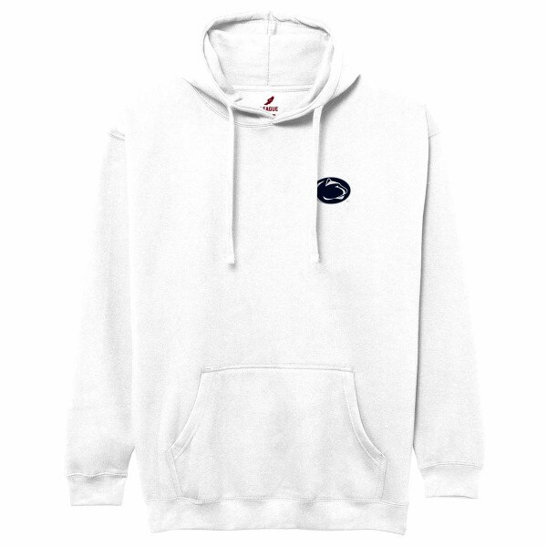 white hooded sweatshirt with Penn State Athletic Logo on left chest
